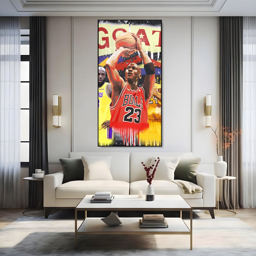 Tablou canvas cu tablou canvas cu michael jordan in actiune, in rama de aluminiu negru, pe perete intr-un living
